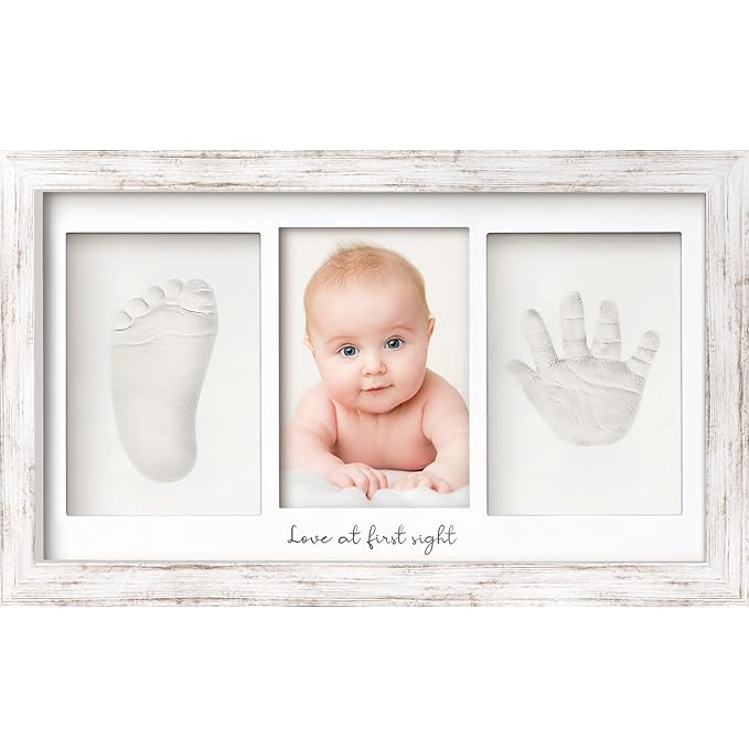 Baby Hand and Footprint Kit - Clay Handprint Keepsake Frame, Newborn Nursery Picture Frame, Personalized New Mom Gifts for Baby Shower & Registry (Vintage White)-CubbioJoy