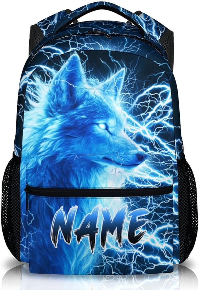 Custom Wolf Backpack for Boys Kids - 17 Inch Personalized Lightning Backpack for School Kindergarten Elementary Primary Senior Middle - Durable Cool Schoolbag with Name-CubbioJoy
