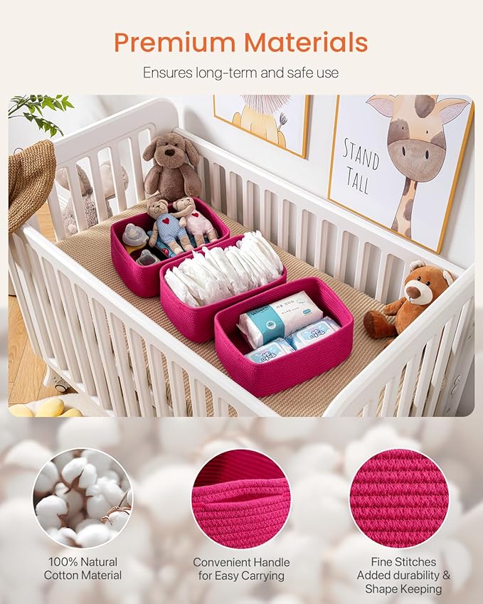 KALLAX Small Woven Basket, 13.5 x 9.5 x 5 Inches, Storage Basket for Organizing, Cute Small Rope Shelf Closet Cube Storage Bins Baskets for Shelves, Dog Toy Gift Baskets Empty, 3 Packs, Hot Pink-CubbioJoy