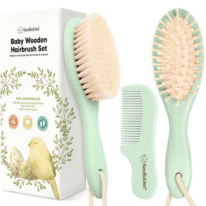 Baby Hair Brush and Comb Set for Newborn - Wooden Baby Hair Brush Set with Soft Goat Bristle, Baby Brush Set for Newborns, Baby Brush and Comb Set Girl, Boy, Toddler Cradle Cap Brush (Oval, Sage)-CubbioJoy