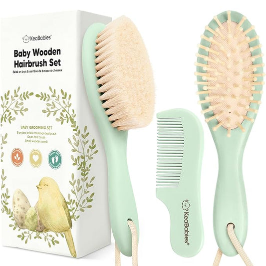 Baby Hair Brush and Comb Set for Newborn - Wooden Baby Hair Brush Set with Soft Goat Bristle, Baby Brush Set for Newborns, Baby Brush and Comb Set Girl, Boy, Toddler Cradle Cap Brush (Oval, Sage)-CubbioJoy