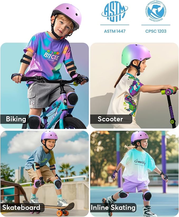 Kids Bike Helmet and Pads Set for Ages 2–14, CPSC Certified Adjustable Helmet with Knee Elbow Wrist Guards, for Skateboard, Scooter, Skating, Rollerblading, Multi-Sport Protective Gear-CubbioJoy
