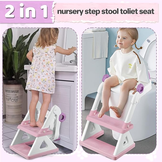 2 In 1 Potty Training Toilet Seat & Toddler Step Stool, Bottom Triangle Stability Toddler Toilet Seat, Adjustable Step & Seat Height Potty Seats for Toddlers Boys Girls (Purple)-CubbioJoy