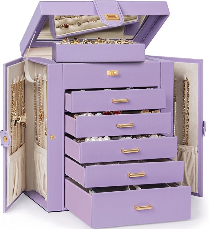 AKOZLIN 6-Tier Jewelry Box Organizer Functional 5 Drawers Leather Jewelry Storage Case for Women Girls Ring Necklace Earring Bracelet Holder Organizer with Mirror Violet-CubbioJoy