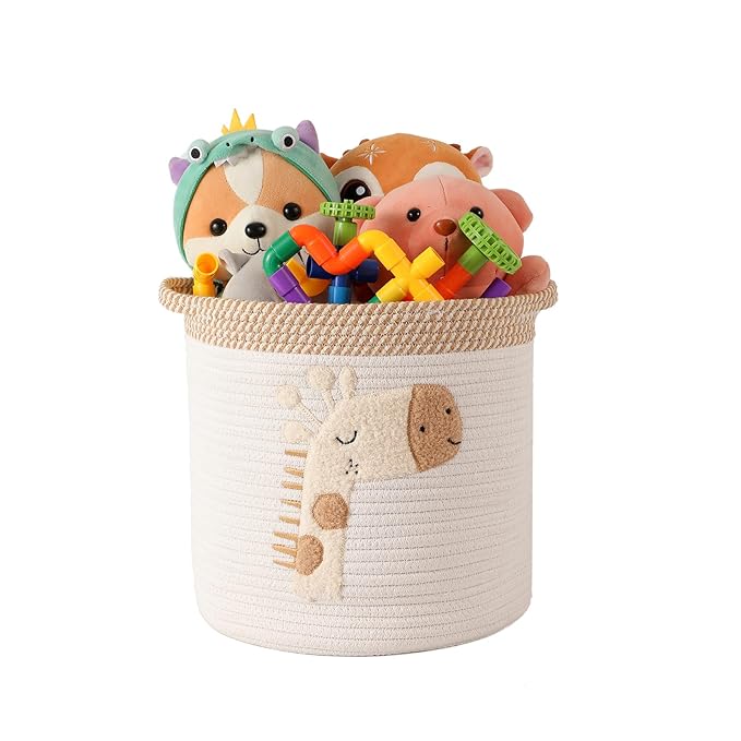 INough Toy Storage Baskets Woven Cotton Rope Storage Basket for Kids, Blanket Baskets for Living Room Toys Organizer with Embroidery Decor, Cute Baskets with Handle for Nursery, Playroom (Giraffe)-CubbioJoy