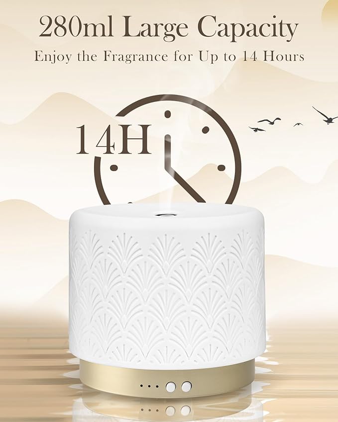 Ceramic Essential Oil Diffuser 280ml- Aromatherapy Diffuser with Ultrasonic Cool Mist Humidifier, Night Light, Timer, Auto Shut-Off, Large Room Aroma Diffuser for Home, Bedroom, Office, Yoga-CubbioJoy