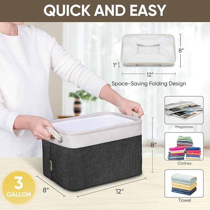 BALEINE 4 Pack Fabric Storage Bins for Shelves, Linen Storage Baskets for Organizing, Decorative Closet Bins for Clothes, Home (Black, 12"x8"x8")-CubbioJoy