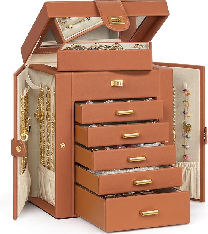 AKOZLIN Jewelry Box Organizer Functional Leather Jewelry Storage Case for Women Girls Ring Necklace Earring Bracelet Holder Organizer with Mirror-CubbioJoy