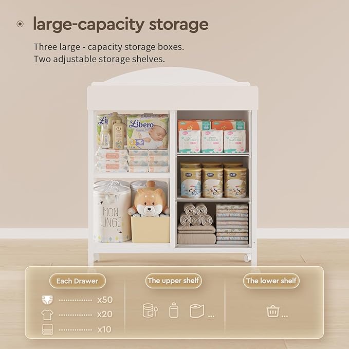 Changing Table Dresser, Baby Dresser with 3 Fabric Drawers and 2 Shelves, Multi-Functional Baby Changing Table with Pad, Classic Nursery Dresser, Diaper Changing Station for Nursery, White-CubbioJoy