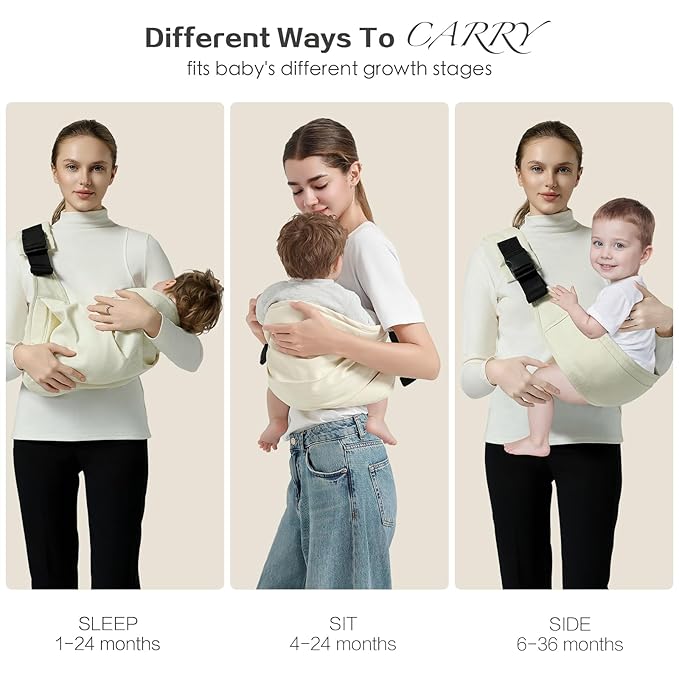 Baby Sling Carrier, Toddler Carrier Sling with Double Safety Buckle and Adjustable Shoulder Strap(7-30lbs), Baby Carriers One Size Fits All, Beige-CubbioJoy