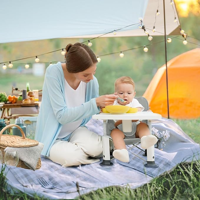 Baby Travel Booster Seat with Double Tray, BabyBond Upgraded Toddler Portable Baby Chair, Booster Seat for Dining Table, Stable and Foldable Booster Baby Chair for Indoor/Outdoor (Grey Lion)-CubbioJoy