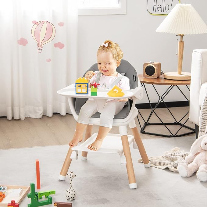 BABY JOY Baby High Chair, 6 in 1 Convertible Wooden High Chair for Babies & Toddlers with Adjustable Legs, Double Removable Tray, Safety Harness & Waterproof PU Cushion (White)-CubbioJoy