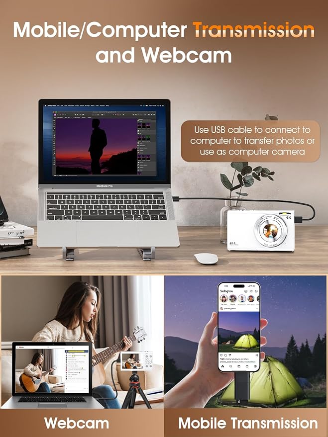 Digital Camera,Autofocus 4K Vlogging Camera for Photography with 32GB Card,48MP Portable Compact Point and Shoot Digital Camera for Teens Adult Beginner with 16X Zoom,Anti-Shake,2 Batteries(White)-CubbioJoy