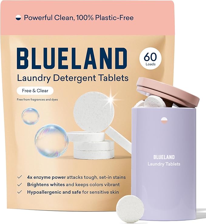 BLUELAND Laundry Detergent Tablets, Starter Set, 60 Count with Tin, Plastic-Free Eco-Friendly Pods, Sheets, Liquid Alternative - Fragrance Free and Clear, Natural, Gentle-CubbioJoy