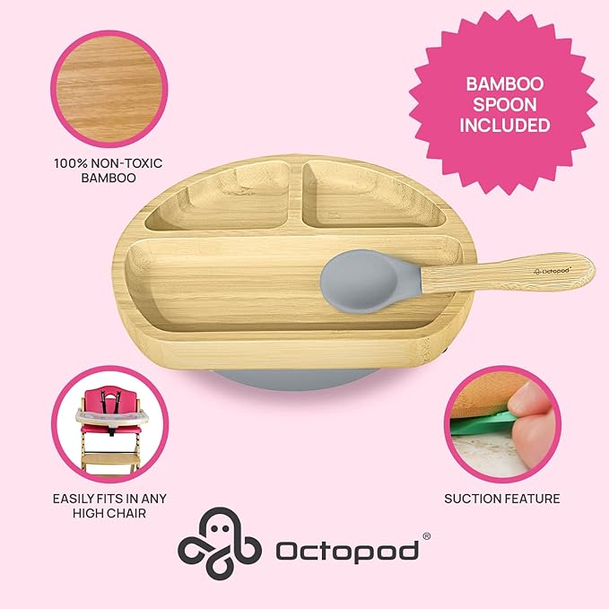 Abiie Octopod Bamboo Dish - Kids Plates for 4 months and up, 3-Compartment Baby Plates with Suction, Triangle Bamboo Baby Plate, Mess-Free Toddler Suction Plates, Baby Feeding Supplies, 8.3x1.9x7.7 in-CubbioJoy