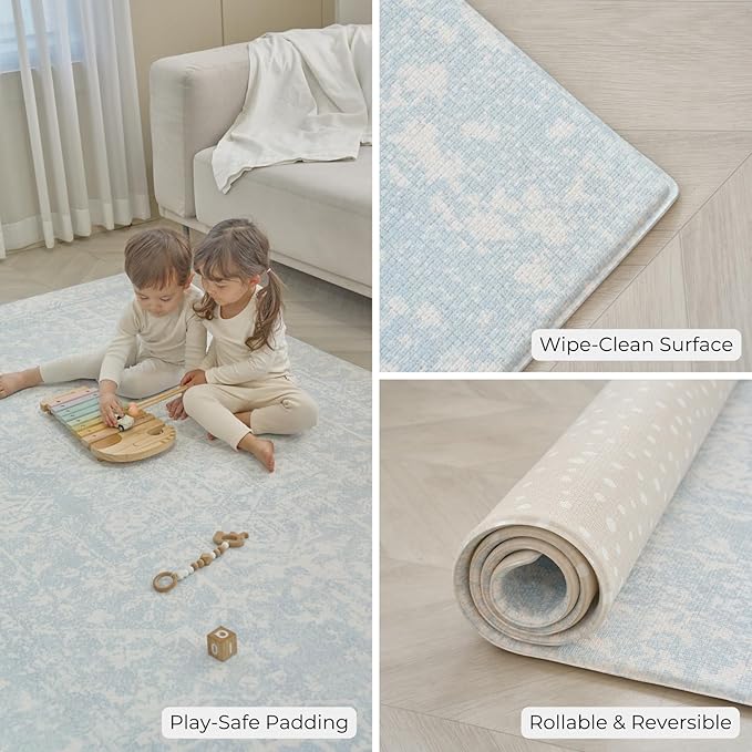 Baby Care Soft Rug (Prestige, Ikat - Inca Blue) 98'' x 59'' Original One-Piece Reversible Rollable Waterproof Play Mat for Infants, Babies, Toddler, and Kids-CubbioJoy