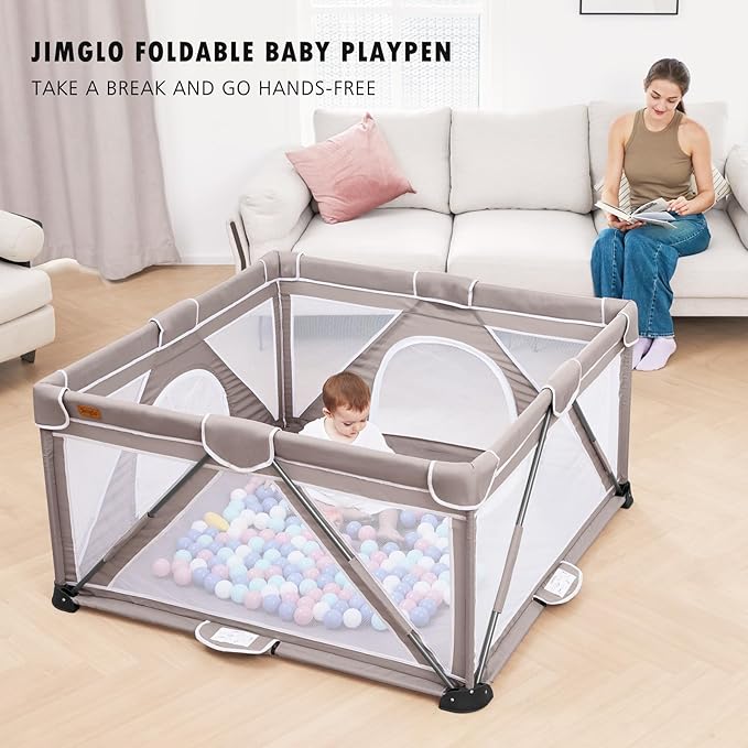 Baby Playpen Foldable, Playard for Babies and Toddlers, Portable Playpen Activity Center with 50 Balls+2 Handles for Travel, Indoor & Outdoor Play Pen with Mesh 59''x71''-CubbioJoy