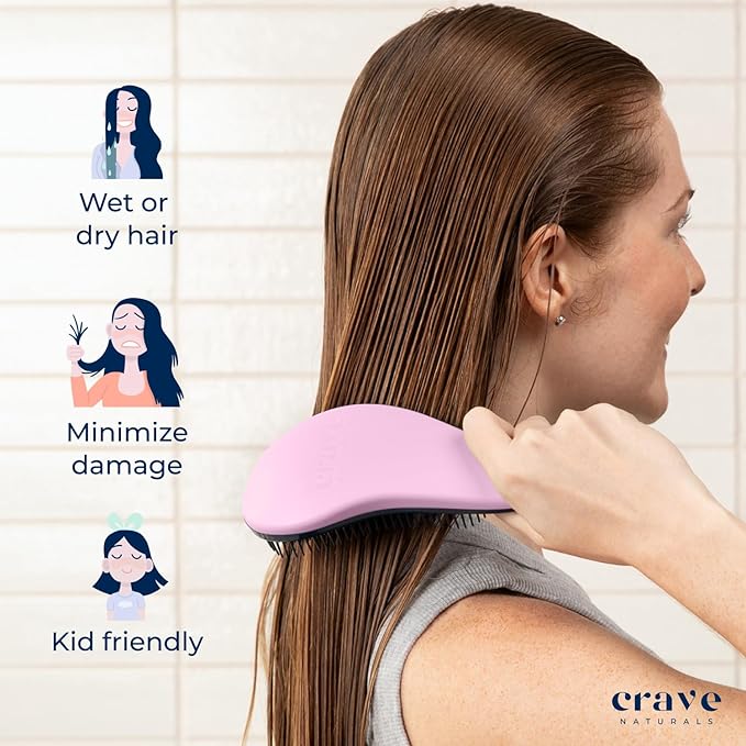 Crave Naturals Biggie Glide Thru Hair Brush - Detangler Brush for Curly, Straight, Wet or Dry Hair - Gentle Detangling Brushes for Adults, Kids, Toddlers - Hair Accessories for Women, 8.4"x3.4" - Pink-CubbioJoy