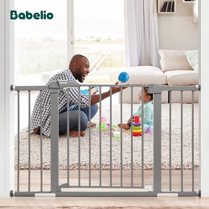 Babelio Metal Baby/Pet Gate, 29-48'' Auto Close Easy Install, Extra Wide Walk Thru for Child Safety, Pressure Mounted Dog Door for Doorways & Stairs, with Y Spindle Rods, Grey-CubbioJoy