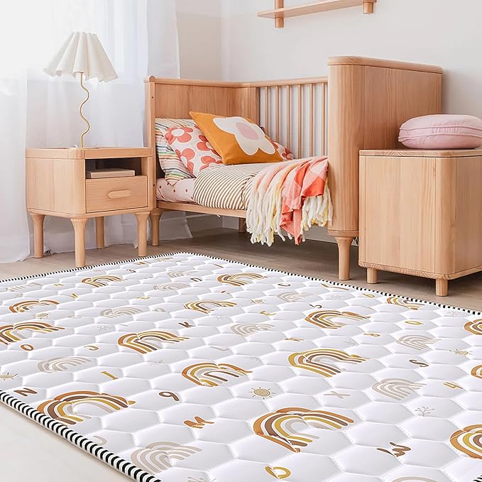 Boho Rainbow Baby Play Mat 50" X 50" Playpen Mat Thicken One-Piece Baby Crawling Mat Non-Slip Cushioned Baby Floor Mat Activity Playmats for Infants, Babies, Toddlers (50X50, Letters+Number)-CubbioJoy