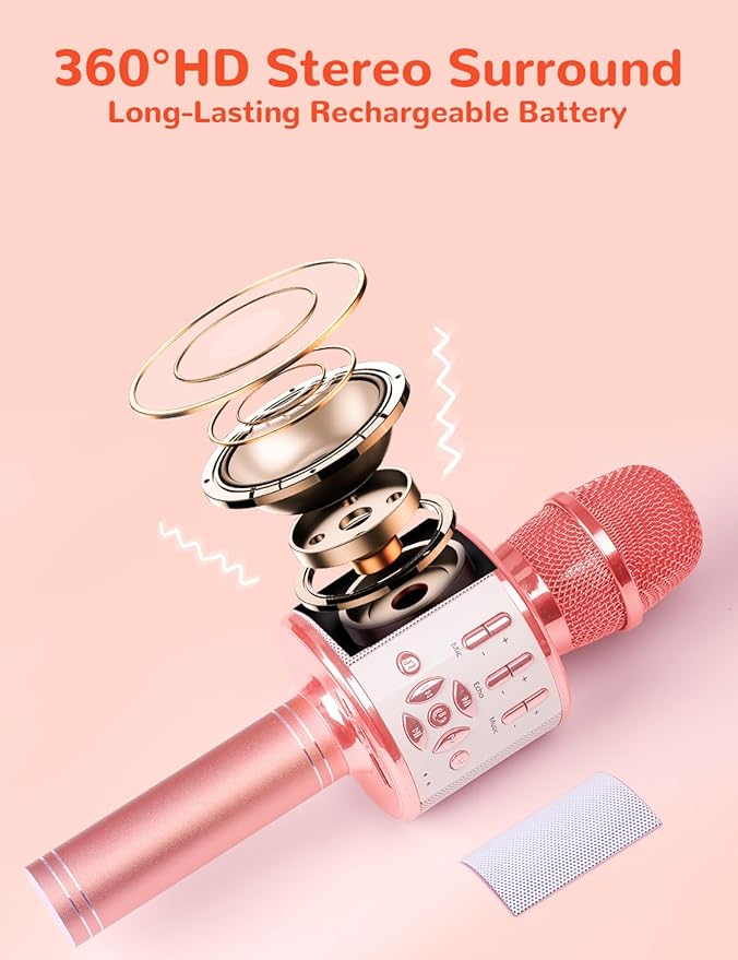 Amazmic Karaoke Microphone for Adults, Wireless Bluetooth Microphone for Singing Portable Karaoke Machine Handheld with LED Lights, Gift for Kids Adults Birthday Party, Home KTV(Rose Gold)-CubbioJoy