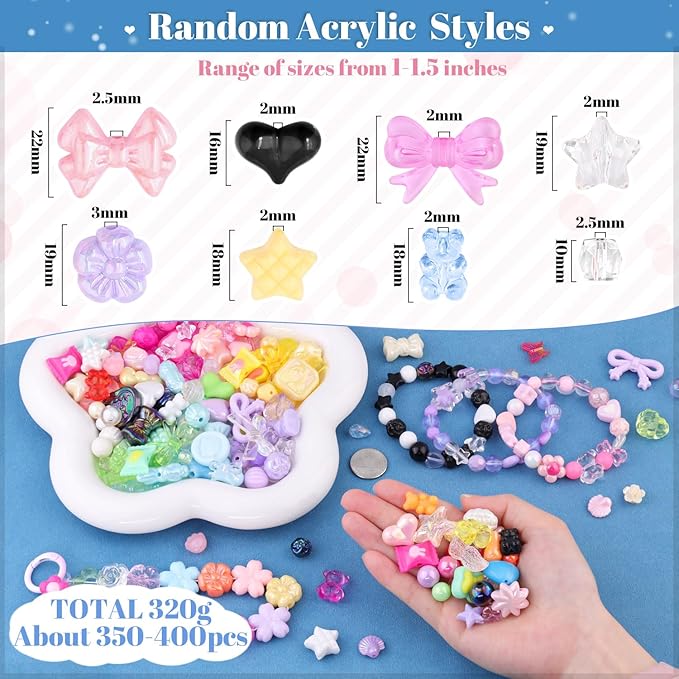 Assorted 400PCS 8 Mixed Colors Acrylic Beads for Bracelet Making, Flower Bow Butterfly GummyBear Aesthetic Bracelet Charms,Cute Beads for Jewelry Making DIY Necklace Keychain Phone Charm-CubbioJoy