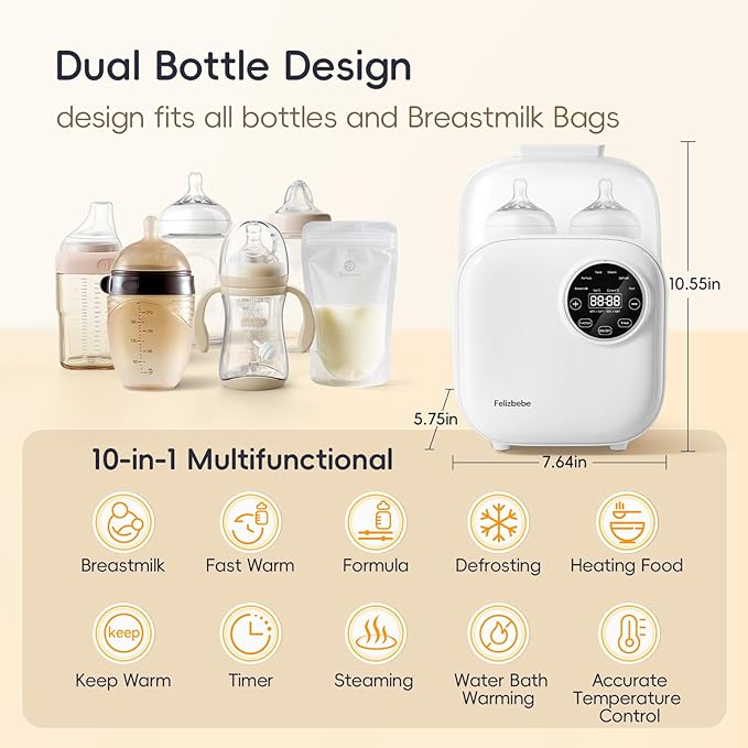 Baby Bottle Warmer, Felizbebe 10-in-1 Bottle Warmers for All Bottles, Detachable Body for Easy Cleaning, Accurate Temperature Control, Timer, Sterili-zing,Milk Warmer for Breastmilk or Formula-CubbioJoy