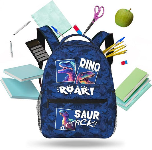 Dinosaur Backpack for Kids Boys Girls, ROAR! DINO SAUR ATTACK! Cartoon Dinosaur Pattern School Bag, Lightweight Ergonomic Durable Bookbag for Age 5-12, Ideal for School Outdoor Travel Daypack-CubbioJoy