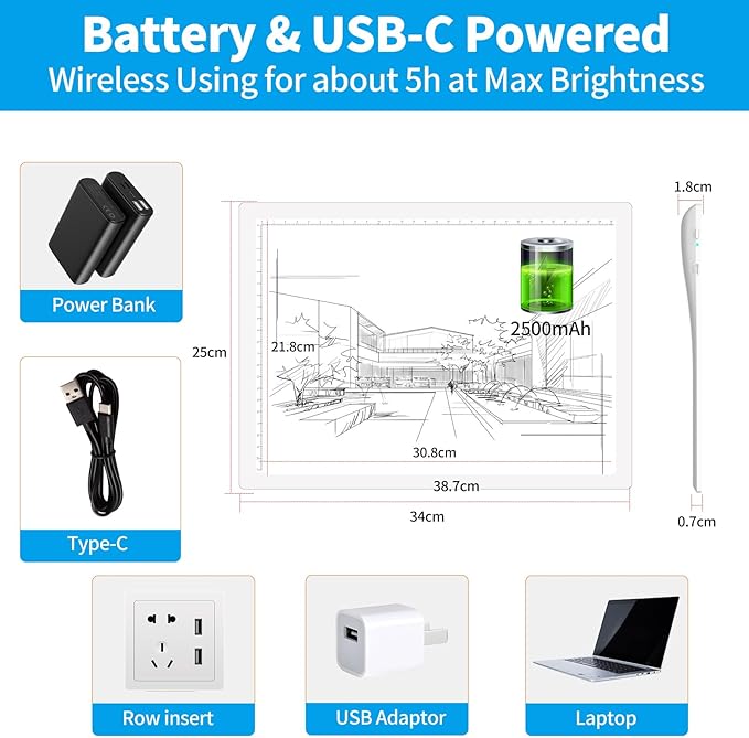 A4 Rechargeable Light Pad, KOBAIBAN Wireless Magnetic Tracing Light Box, 5 Levels Brightness LED Light Board, Cordless Battery Powered Light Drawing Table for 5D DIY Diamond Painting, Sketching(White)-CubbioJoy