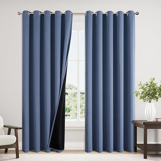 ChrisDowa 100% Blackout Curtains 84 inch Long for Bedroom with Black Liner, Extra Wide 2 Thick Layers Total Blackout Thermal Insulated Grommet Window Curtains 2 Panels Set (Stone Blue, 60 x 84 Inch)-CubbioJoy