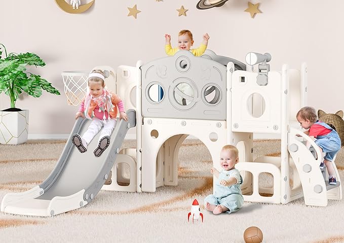 Babytronic Toddler Slide Set, 8 in 1 Kids Slide with Climber, Indoor Outdoor Slide for Toddlers Age 1-3, Toddler Playset with Basketball Hoop and Tunnel, Toddler Indoor Outdoor Playground (White&Gray)-CubbioJoy