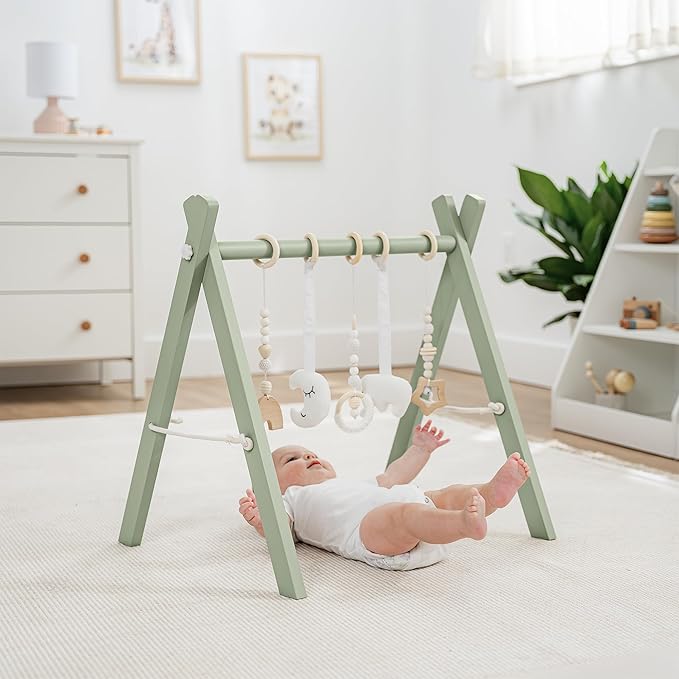 Comfy Cubs Wooden Baby Play Gym - Natural Finish Pinewood Baby Activity Gym with 5 Sensory Hanging Toys - Easy No-Tool Assembly, Safe and Durable for Infant Motor and Visual Development - Sage-CubbioJoy