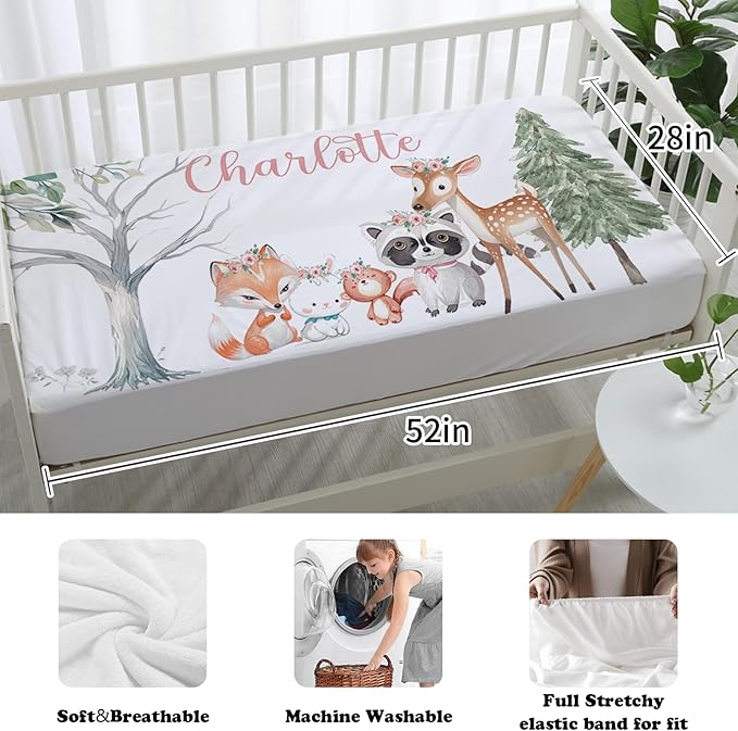 Custom Nursery Crib Bedding Set: Personalized Name 4 Piece Sika Deer & Fox Pattern Baby Crib Sets for Girls - Toddler Double Layer Blanket Set, Comfortable Crib Bed Sheets for Baby Toddlers-CubbioJoy