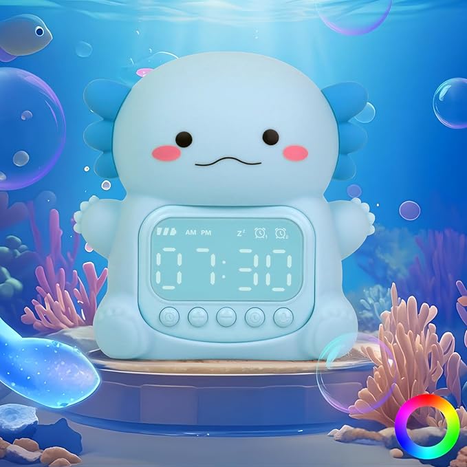 Axolotl Alarm Clock with Night Light for Kids, Rechargeable Silicone Lamp Time to Wake Clock Cute Animal Tabletop Lamp, Perfect Sleep Companion for Boys Girls, Blue-CubbioJoy