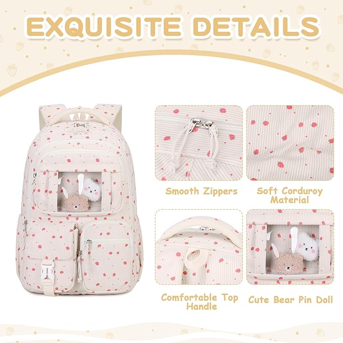 Corduroy Backpack Kids Backpack for Girls School Bags for Middle School Students Book Bag for Elementary Primary Kawaii Ita Backpack, Beige Strawberry-CubbioJoy