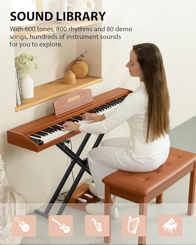 88 Key Digital Piano Keyboard for Beginners - Full Size Semi Weighted Wooden Electric Piano Set with Stand, Triple Pedal, Headphone,Carry Bag - Supports USB-MIDI Connecting (Wood Grain Brown)-CubbioJoy