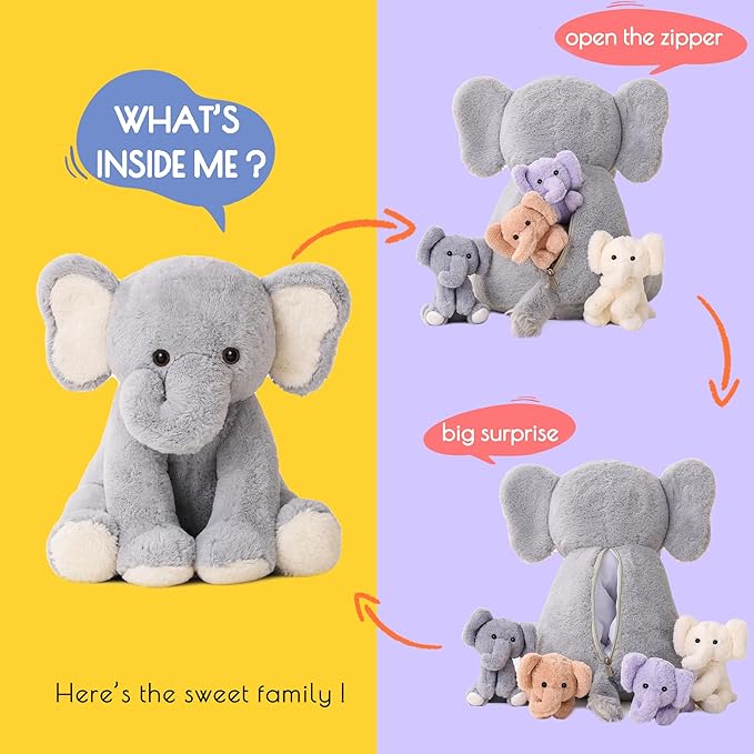 5 Pieces Elephant Stuffed Animals for Girls, 1 Mommy Elephant with 4 Babies Soft Plush Set Toys Gifts for Kids Children 3 4 5 6 7 8 9 Years, Christmas, Birthday, Children's Day-CubbioJoy