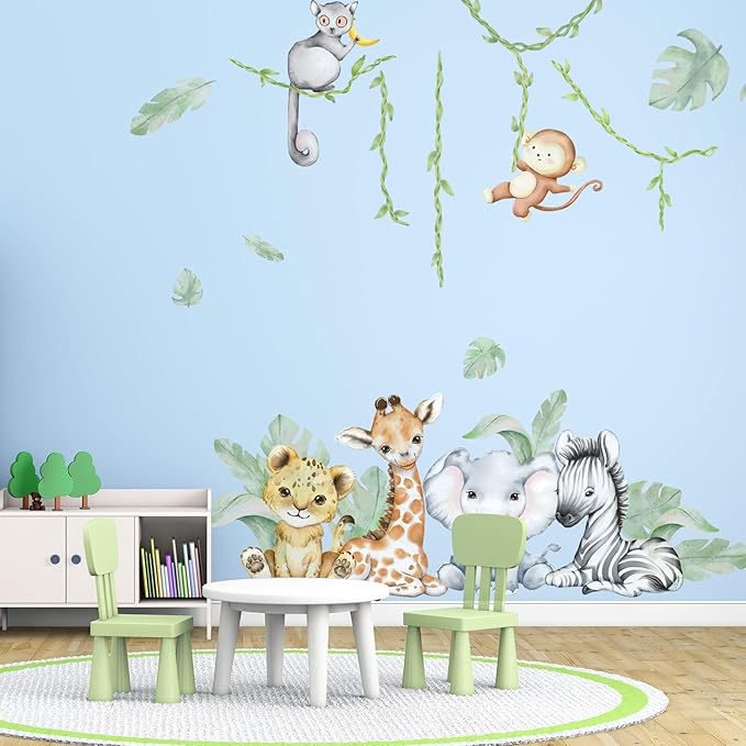 59.05x53.14 Inch Woodland Animals Wall Decals - Forest Animal Wall Decal with Elephant, Zebra, Monkey, Giraffe - Nursery Decor for Home, Baby Room, Boys & Girls Bedroom Art-CubbioJoy