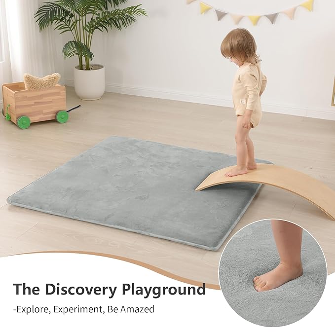 Baby Play Mat for Floor,1.3" Thick Elasti-Foam 50"×50" Playpen Mat for Tummy Time,Water Repellent Soft Coral Velvet for Toddler,Infant,Kids,Non-Slip Backing Safe for Crawling(Light Grey)-CubbioJoy