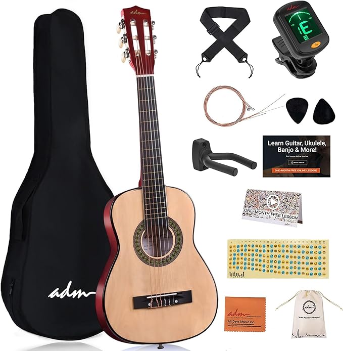 ADM Beginner Acoustic Classical Guitar 30 Inch Nylon Strings Wooden Guitar Bundle Kit for Kid Boy Girl Student Youth Guitarra Online Lessons with Gig Bag, Strap, Tuner, Extra String, Pick,Natural-CubbioJoy