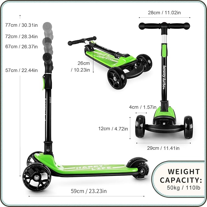 Besrey Kick Scooter for Kids Ages 3-10, 3-Wheel Folding Scooter with Adjustable Height, LED Light Wheels, Extra Wide Deck for Outdoor Activities-CubbioJoy