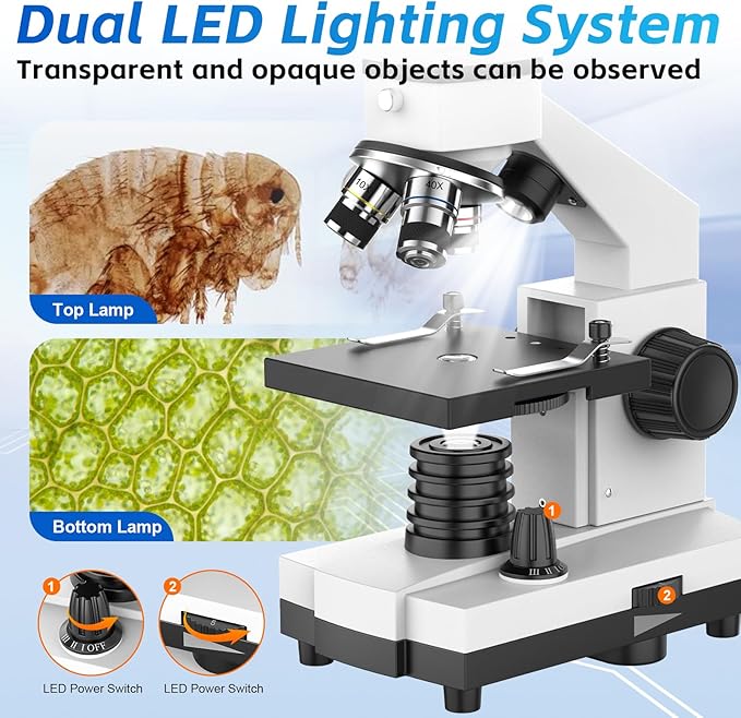 40X-2000X Monocular Microscope for Adults & Kids - Wozel Compound Microscopes for Kids with Dual LED Lights - Professional Biological Microscope with Phone Adapter Slide Set for School Home Education-CubbioJoy