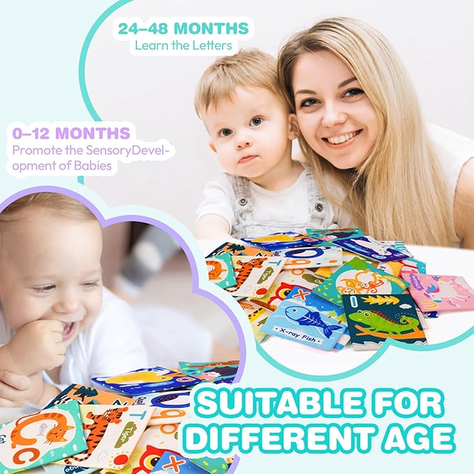 Jollybaby Reusable Soft Cloth ABC Alphabet/Letters Animal Flash Cards for Baby 0-3-6-9-12-18 Month, Curious Baby First Words Learning Activity Flashcards, Tummy Time Toy Gift for 1 Year Old Boy Girl-CubbioJoy