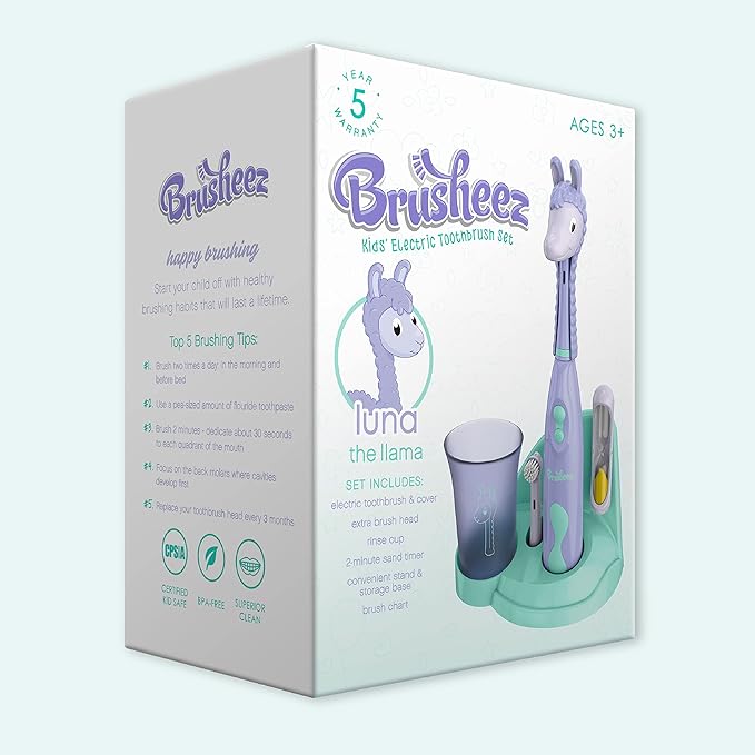 Brusheez Kids’ Electric Toothbrush Set - Safe & Effective for Ages 3+ - Parent Tested & Approved with Gentle Bristles, 2 Brush Heads, Rinse Cup, 2-Minute Timer, & Storage Base (Luna The Llama)-CubbioJoy
