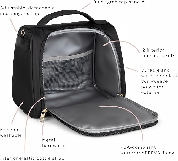 JuJuBe New Insulated Bottle Bag, Breastmilk Storage Bag for Baby Bottles, Travel Insulated Waterproof Lunch Bag or Cooler Bag for Nursing, Milk, Food, Baby Formula, Snacks, Black, Mothers Day Gift-CubbioJoy