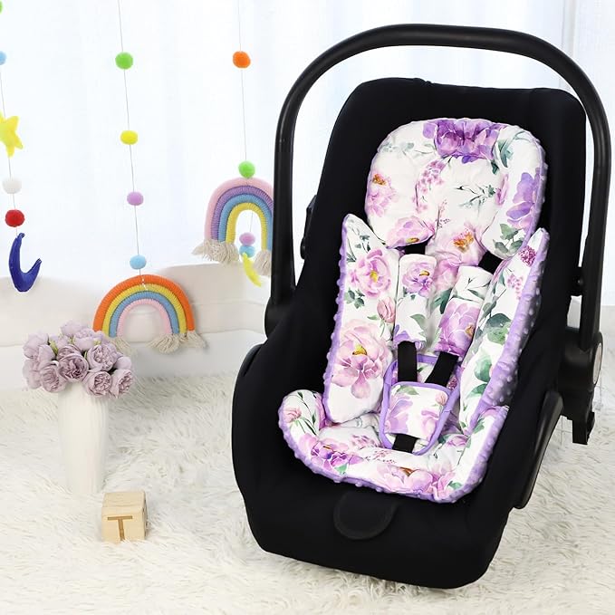 Infant Car Seat Insert, Soft Baby Car Seat Head & Body Support for Girl Boy, Reversible Newborn Preemie Carseat Insert Cushion with 3 Straps Pads Fits CarSeat, Stroller, Swing, Bouncer, Purple Floral-CubbioJoy