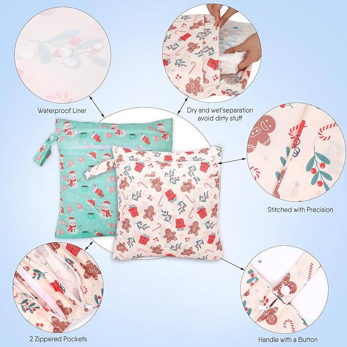 2pcs Cloth Diaper Wet Dry Bags, Waterproof Reusable Wet Bag with 2 Zipper Pockets & Handle, Washable Laundry Bags for Baby Adult Clothes Travel Beach Pool Daycare Yoga Gym Exercise Swimsuits,-CubbioJoy