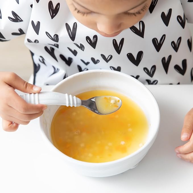 Bumkins Toddler Utensils, Kids Size Fork and Spoon Set, Silicone and Stainless-Steel Training Silverware, Angled Forks / Sporks for Self-Feeding, Children Hold Learning to Eat, 18 Months Up, Marble-CubbioJoy