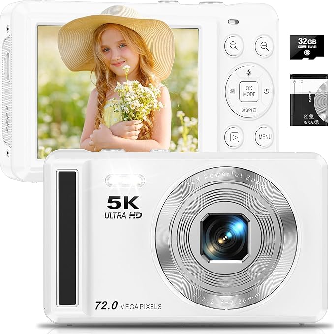 5K Digital Camera - 72MP UHD Digital Cameras for Photography - Autofocus Point and Shoot Small Camera with Flash for Kids - 2.8 Inch Screen Compact Portable Vlogging Camara with 16X Zoom, 32GB SD Card-CubbioJoy