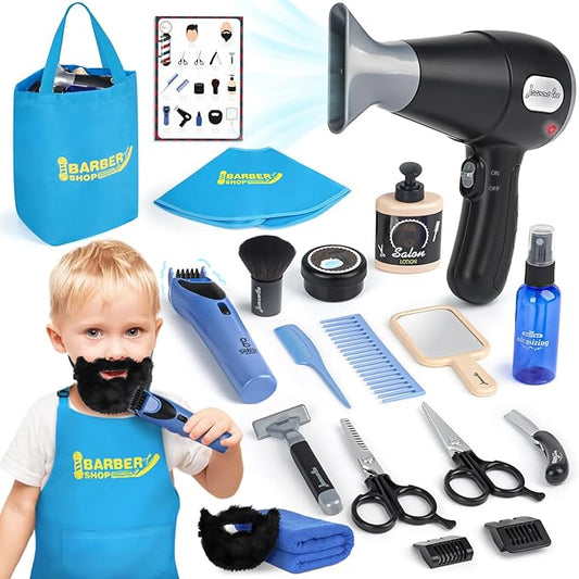 Barber Shop Pretend Play Toy, Kids Hair Salon Toys, Kids Shaving Kit for Boys Ages 3+ with Blow Dryer, Electric Shaver Toys, Tool Bag and Stylist Shave Barber Accessories for Role Play (Black)-CubbioJoy